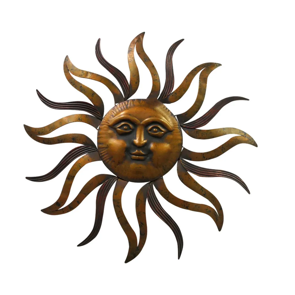 35 Inch Round Wall Mounted Sun Face Accent Decor, Carved Rustic Gold and Black Metal The Urban Port