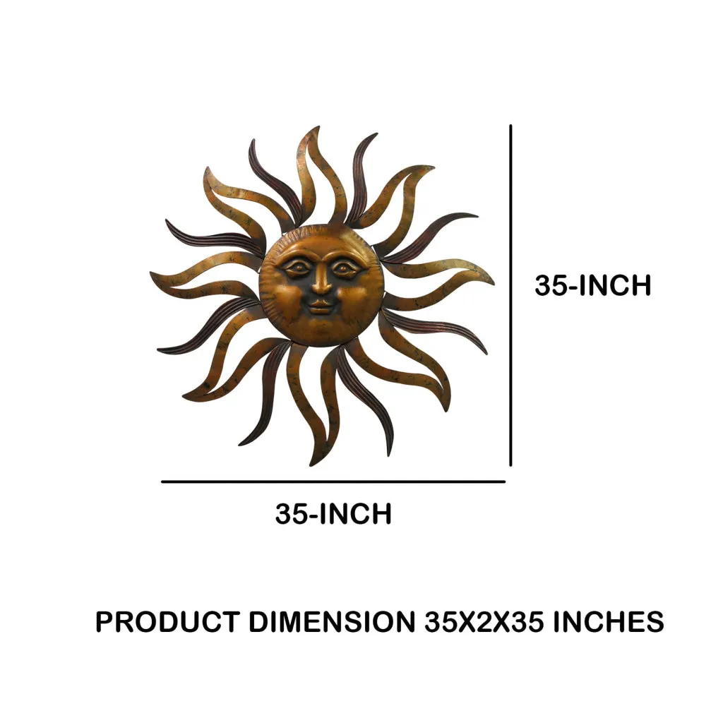 35 Inch Round Wall Mounted Sun Face Accent Decor, Carved Rustic Gold and Black Metal The Urban Port