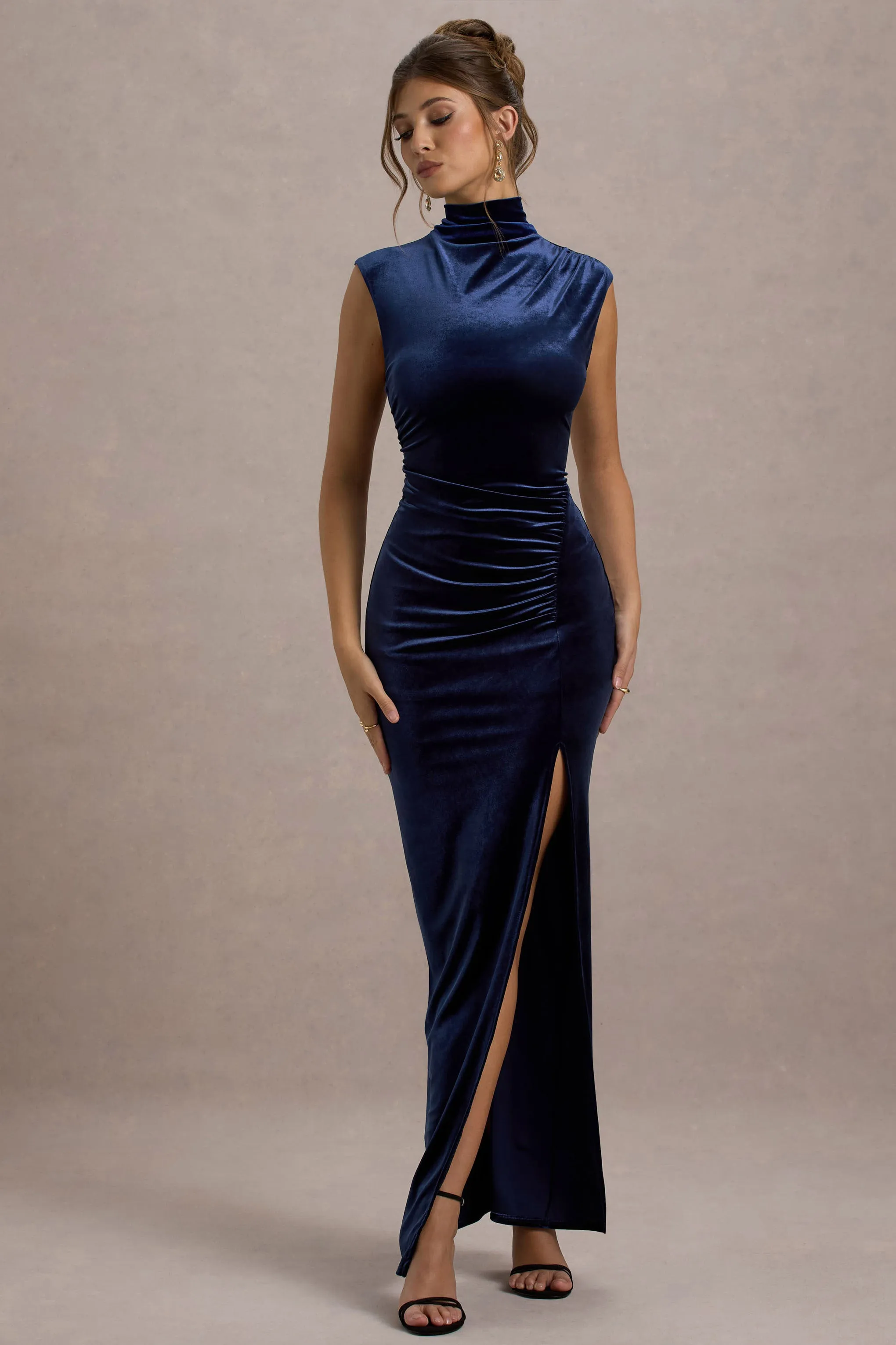 Abilene | Navy Velvet High-Neck Split Maxi Dress