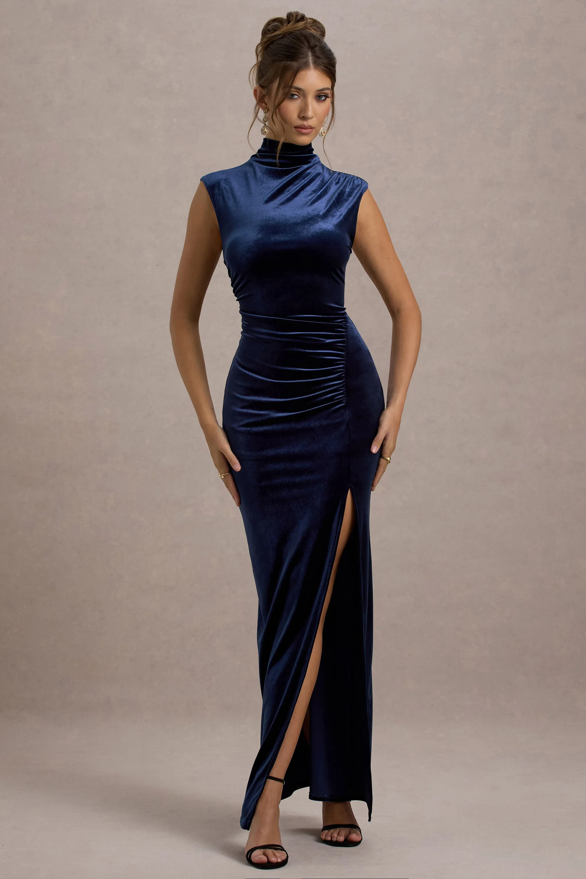 Abilene | Navy Velvet High-Neck Split Maxi Dress