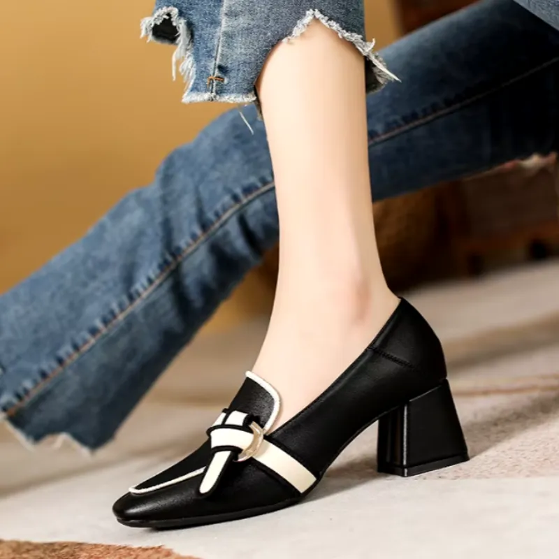 Aiertu Summer Women Chunky Pumps Thick High Heel Slip-On Waterproof Loafers Shoes Casual Vintage Square Toe Ladies Suit Shoes