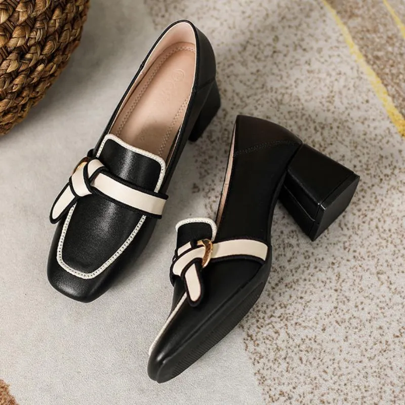 Aiertu Summer Women Chunky Pumps Thick High Heel Slip-On Waterproof Loafers Shoes Casual Vintage Square Toe Ladies Suit Shoes