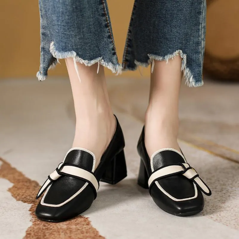 Aiertu Summer Women Chunky Pumps Thick High Heel Slip-On Waterproof Loafers Shoes Casual Vintage Square Toe Ladies Suit Shoes