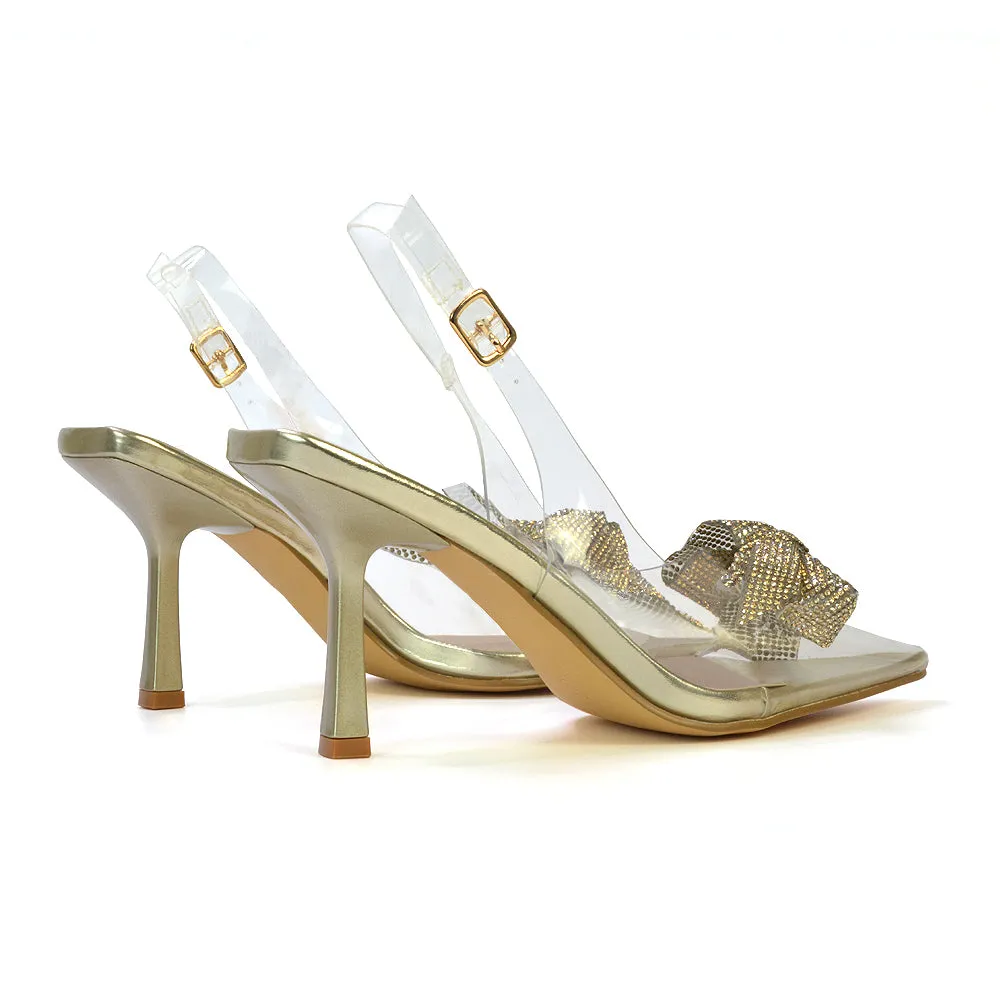 Alaina Diamante Bow Pointed Toe Perspex Court Shoes Slingback Stiletto Heels in Nude