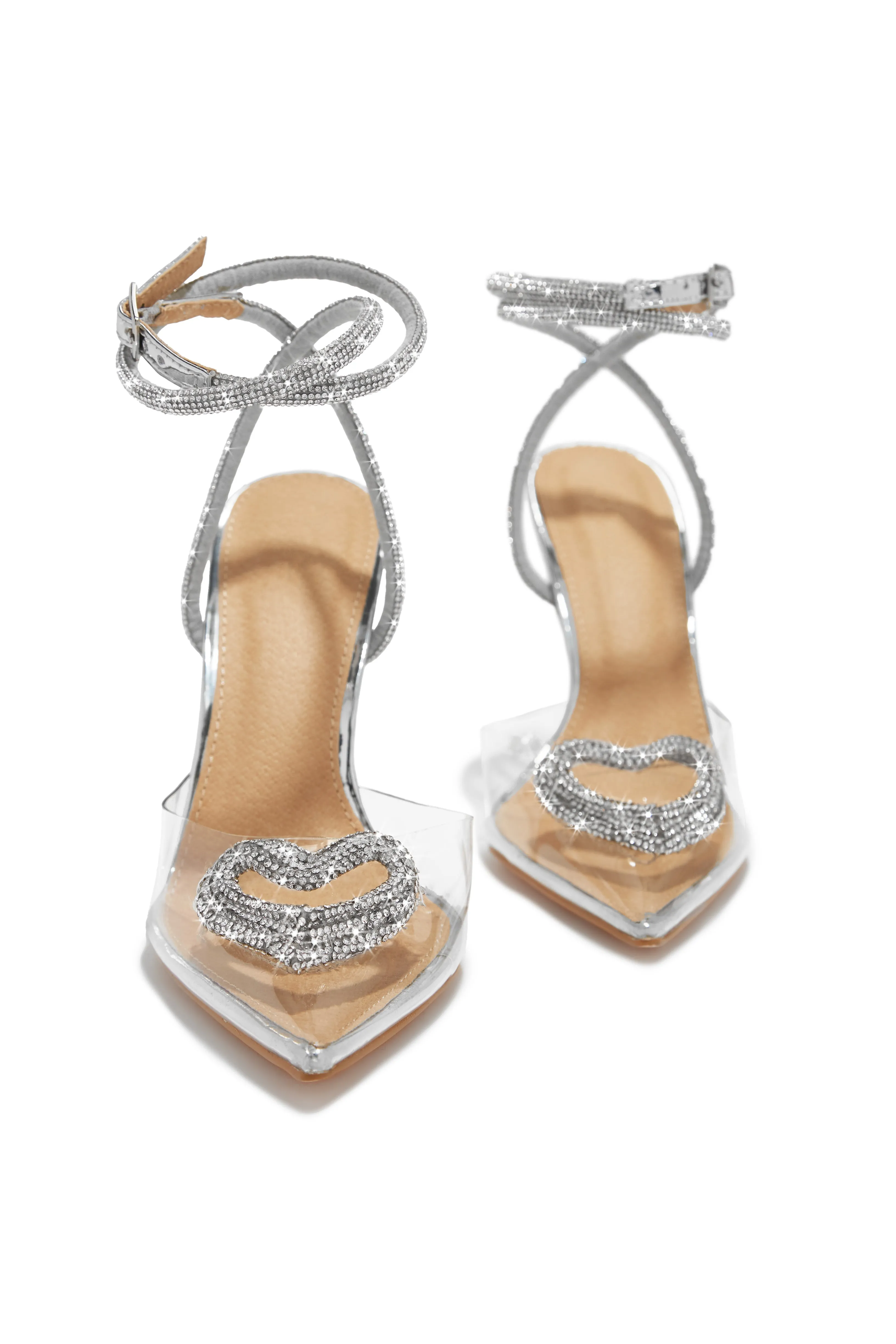 All For Love Heart Embellished High Heels - Silver