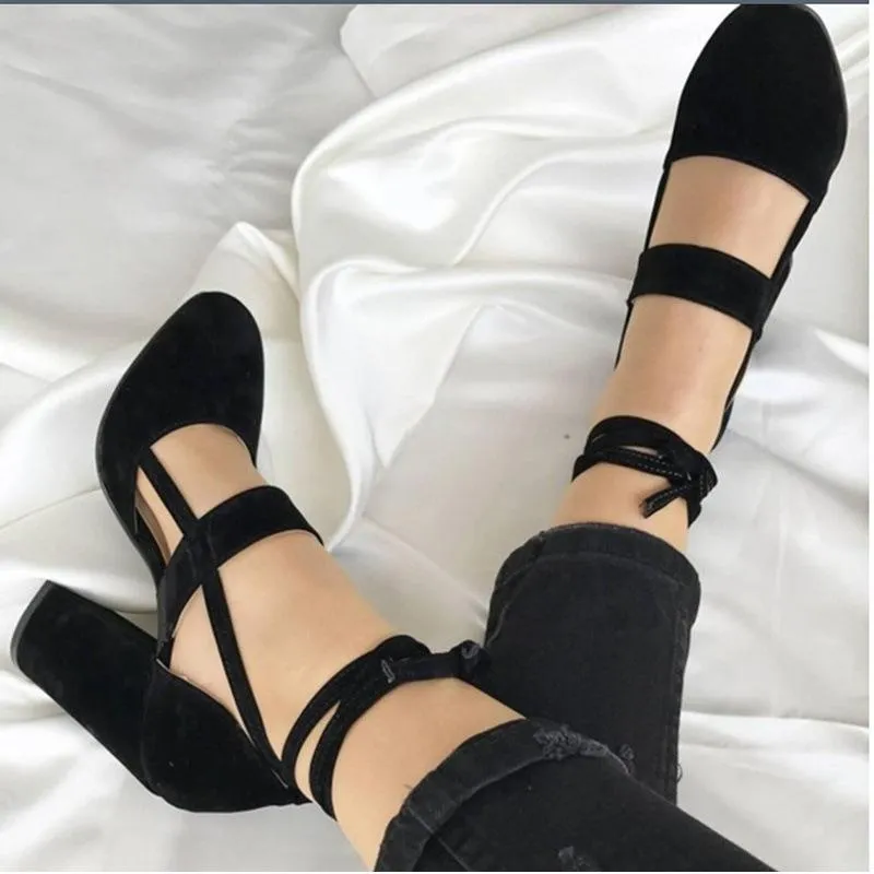 Ankle strappy heels pointed toe chunky heels block heel sandals