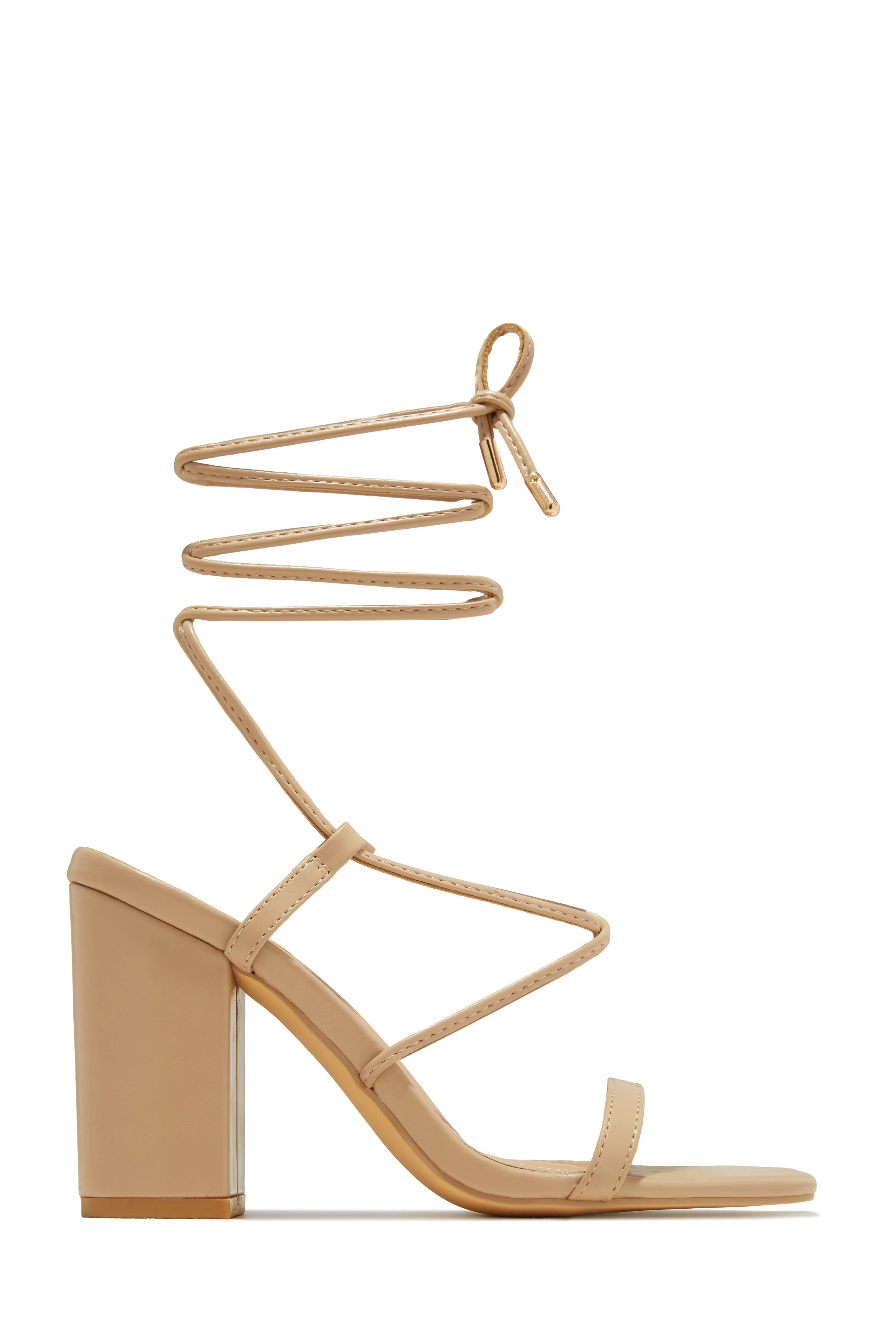 Aria Lace Up Block Heels - Nude