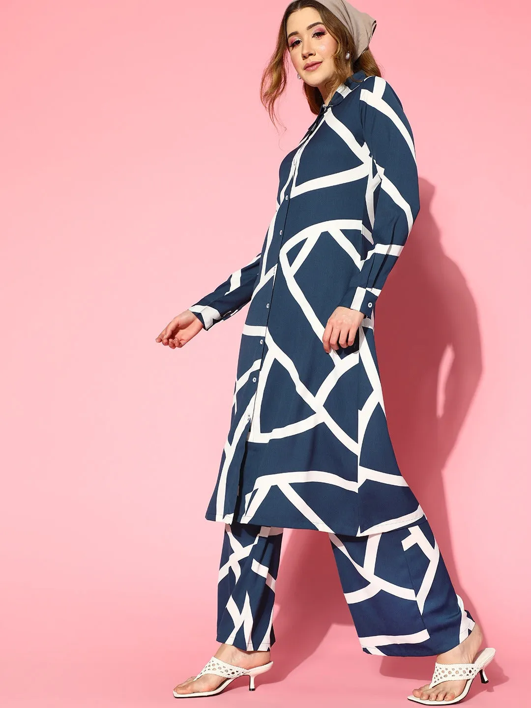 Berrylush Women Navy Blue & White Geometric Printed Shirt Collar Neck Longline Shirt & Trousers Co-Ordinate Set