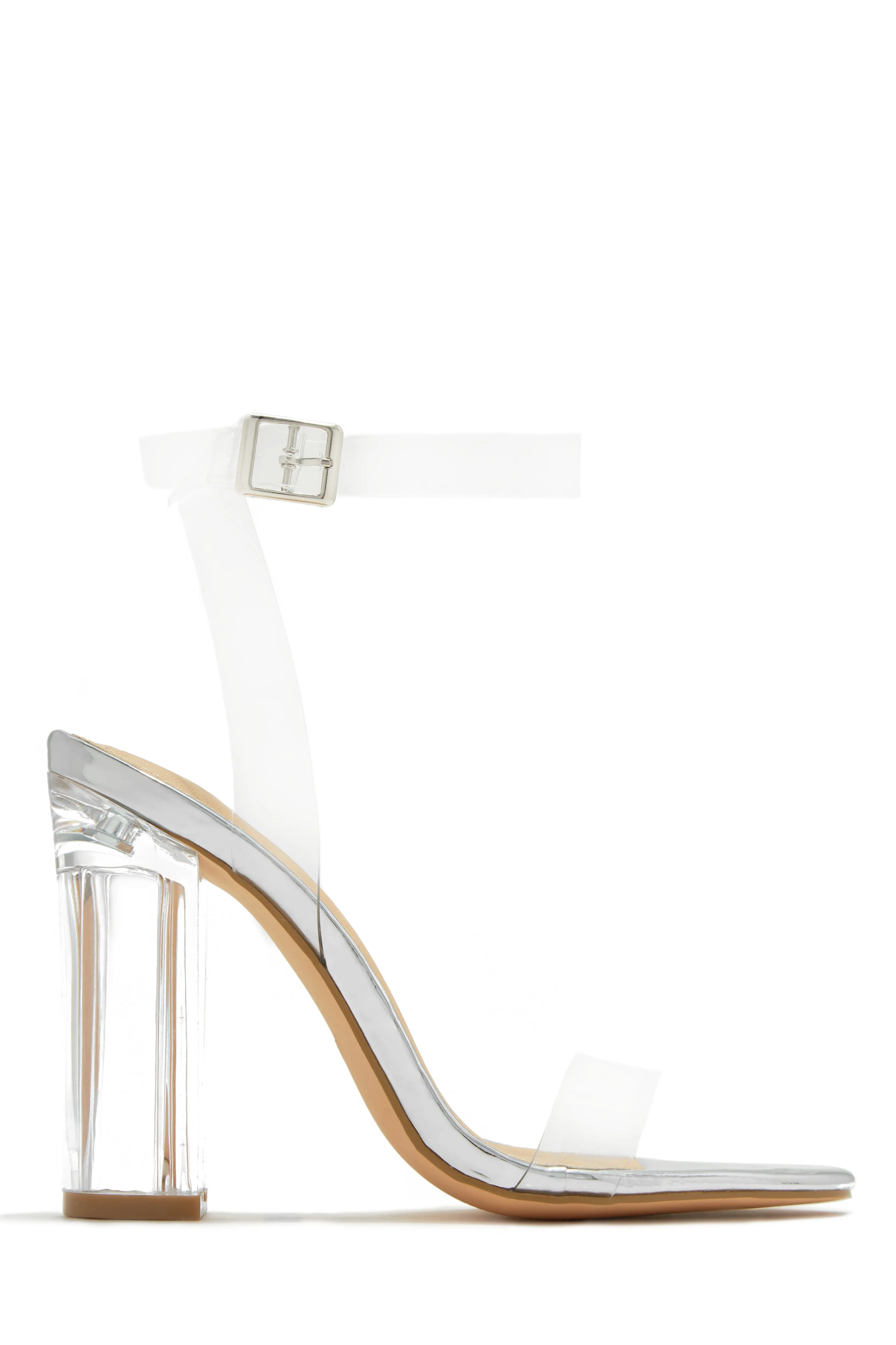 Big Reveal Clear Strap Block High Heels - Silver