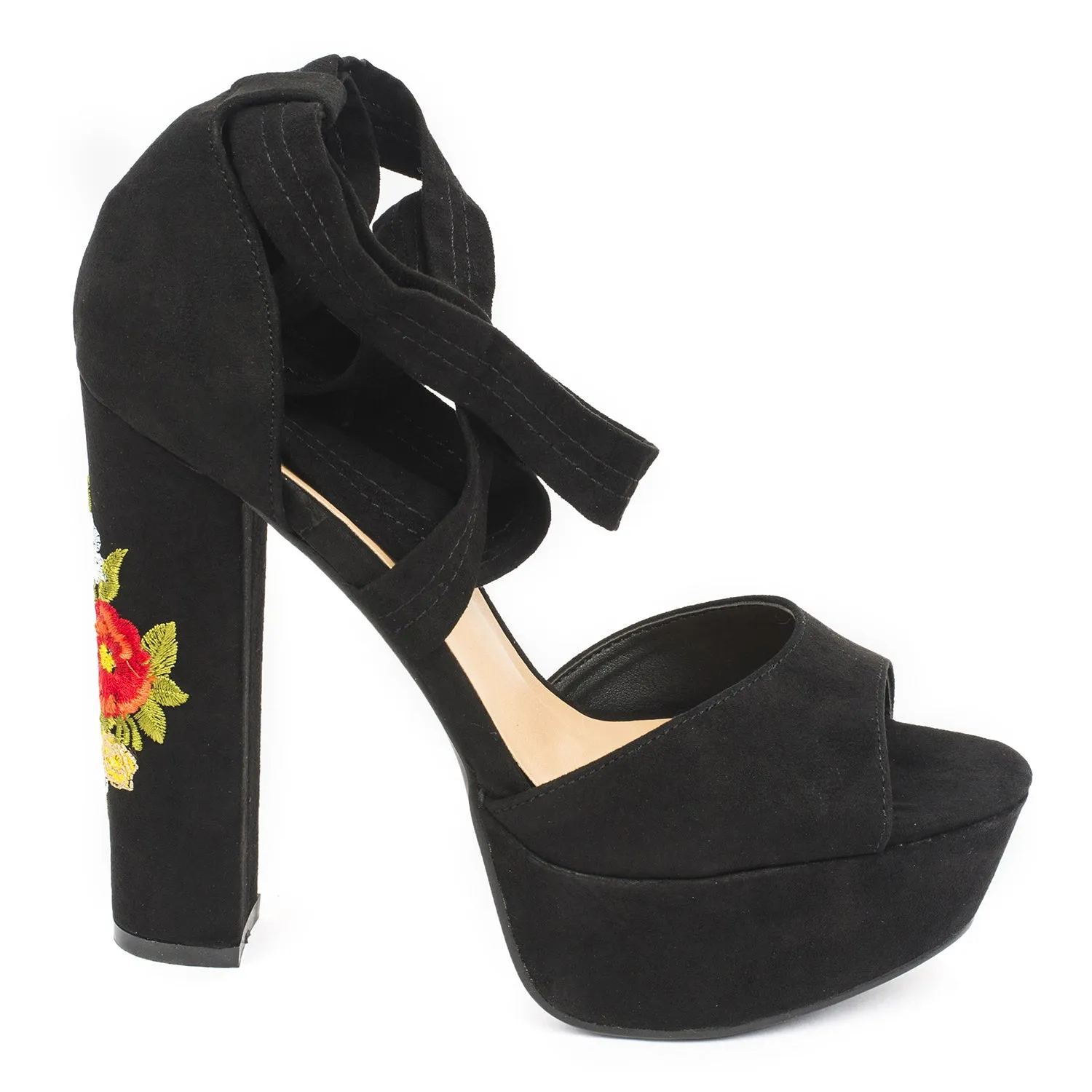 Black Emboidery Wrap Around High Heels