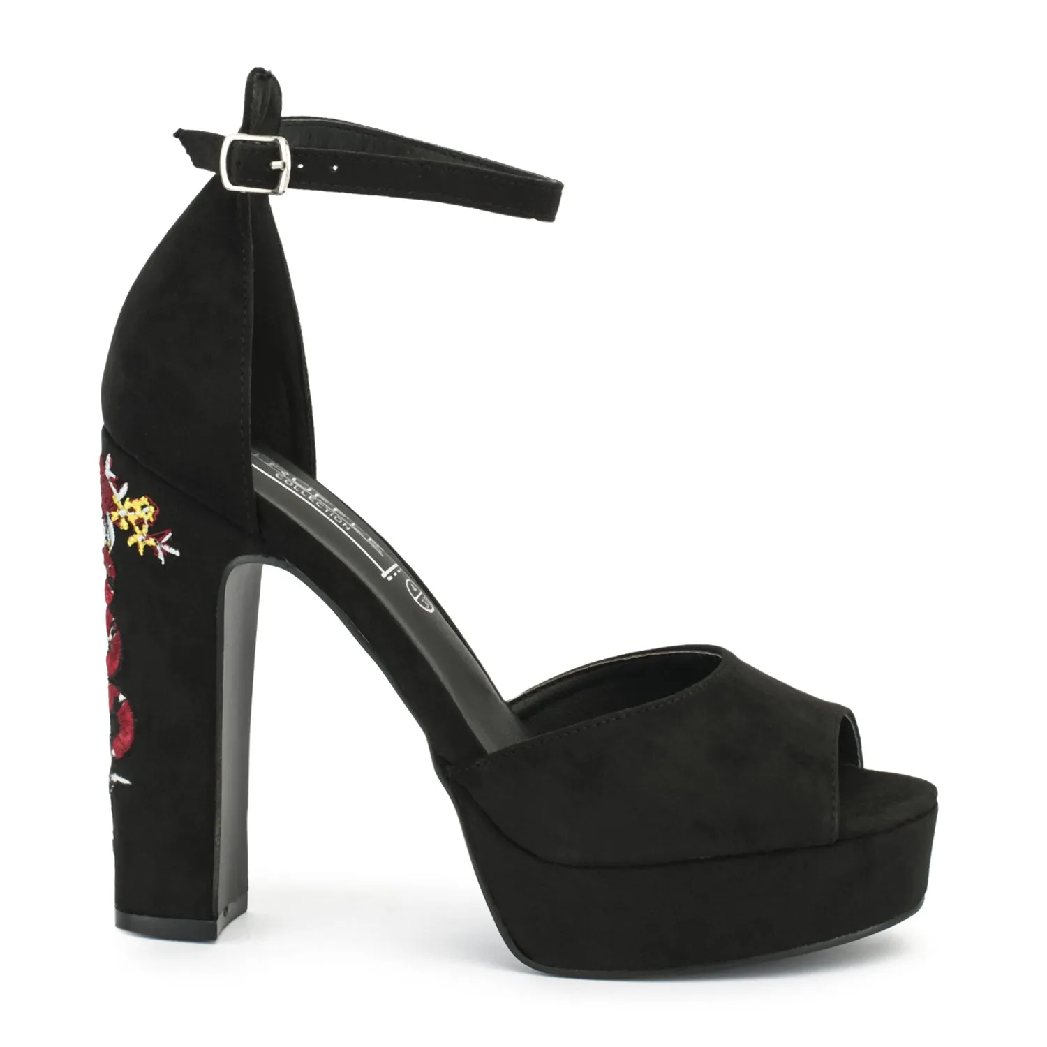 Black Embroidery Block Heel Sandals