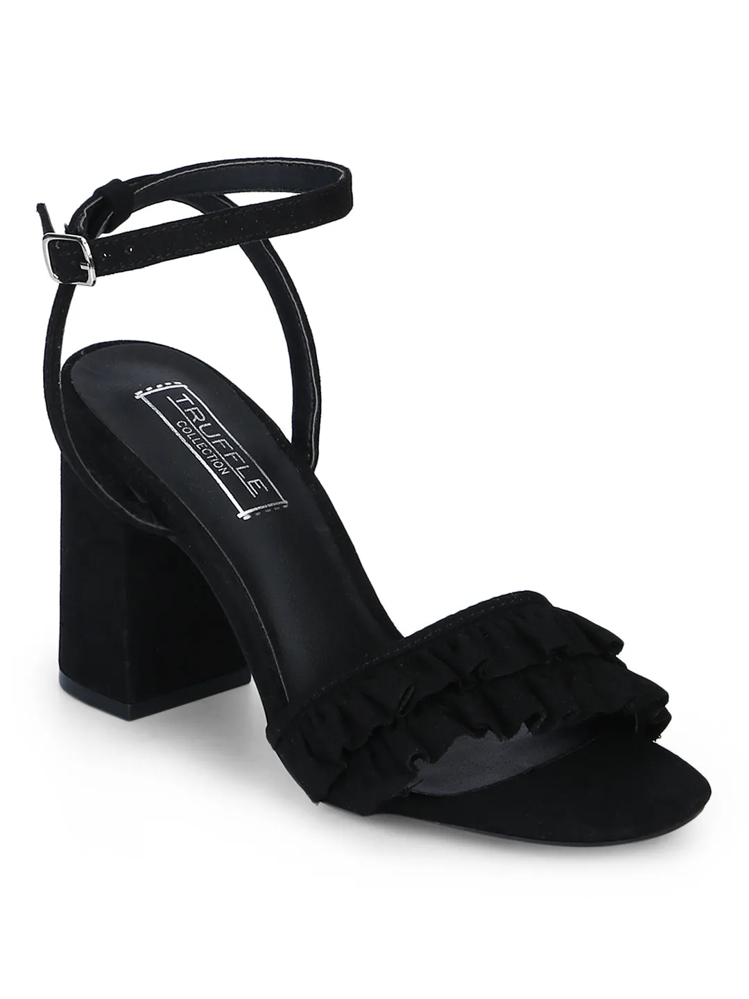 Black Frilled Ankle Strap Block Heels