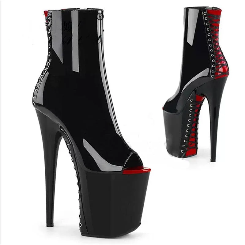 Black Patent Platform Heel Lace-up Boots in Red and Black