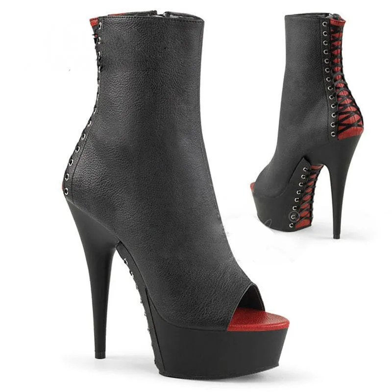 Black Patent Platform Heel Lace-up Boots in Red and Black