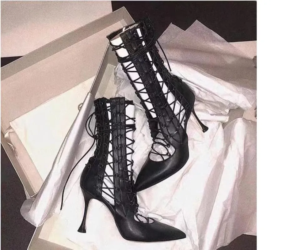 Black Pointed-toe Open Front Strappy High Heel Boots