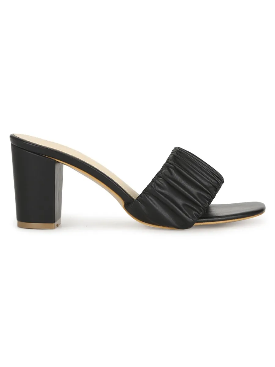 Black PU Wrinkled Block Heel Mules