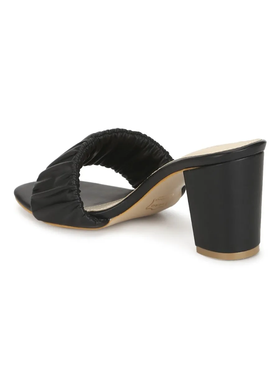 Black PU Wrinkled Block Heel Mules