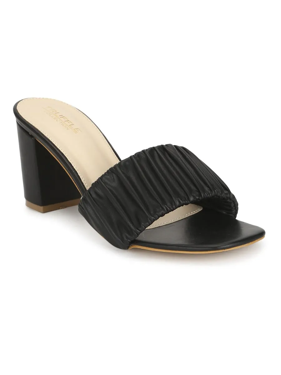 Black PU Wrinkled Block Heel Mules