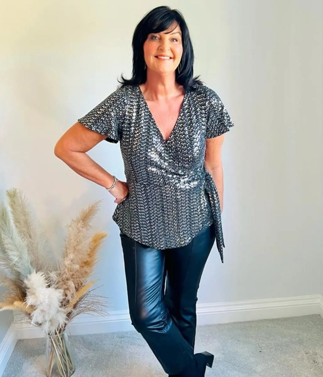 Black Sequin Wrap Top