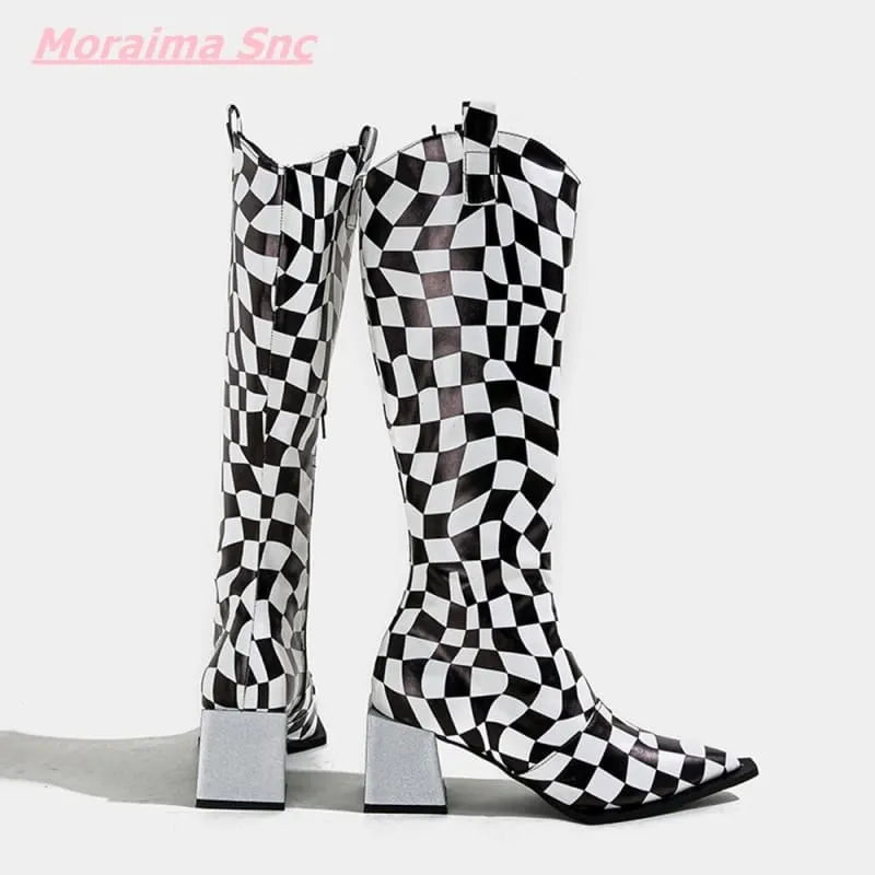 Black White Checkerboard Pointed Women's Boots with Square Heel