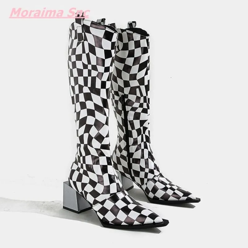 Black White Checkerboard Pointed Women's Boots with Square Heel