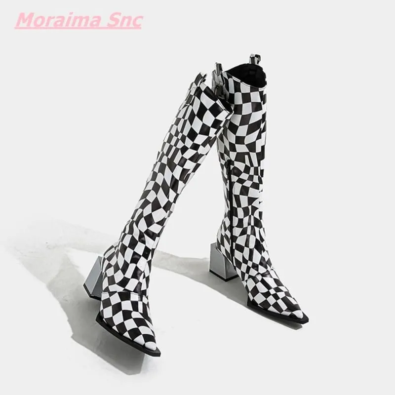 Black White Checkerboard Pointed Women's Boots with Square Heel