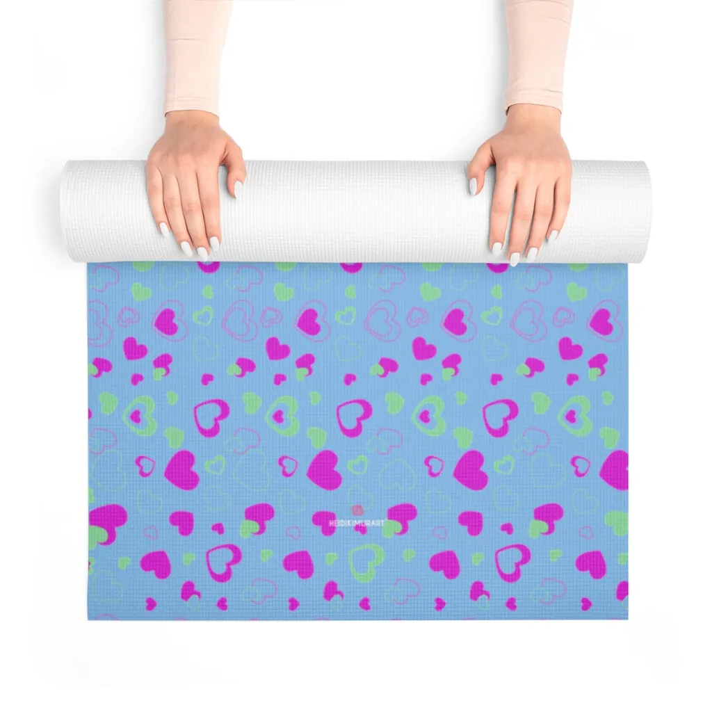 Blue Hearts Foam Yoga Mat, Pink and Pastel Blue Hearts Pattern Best Lightweight 0.25" thick Mat - Printed in USA (Size: 24″x72")