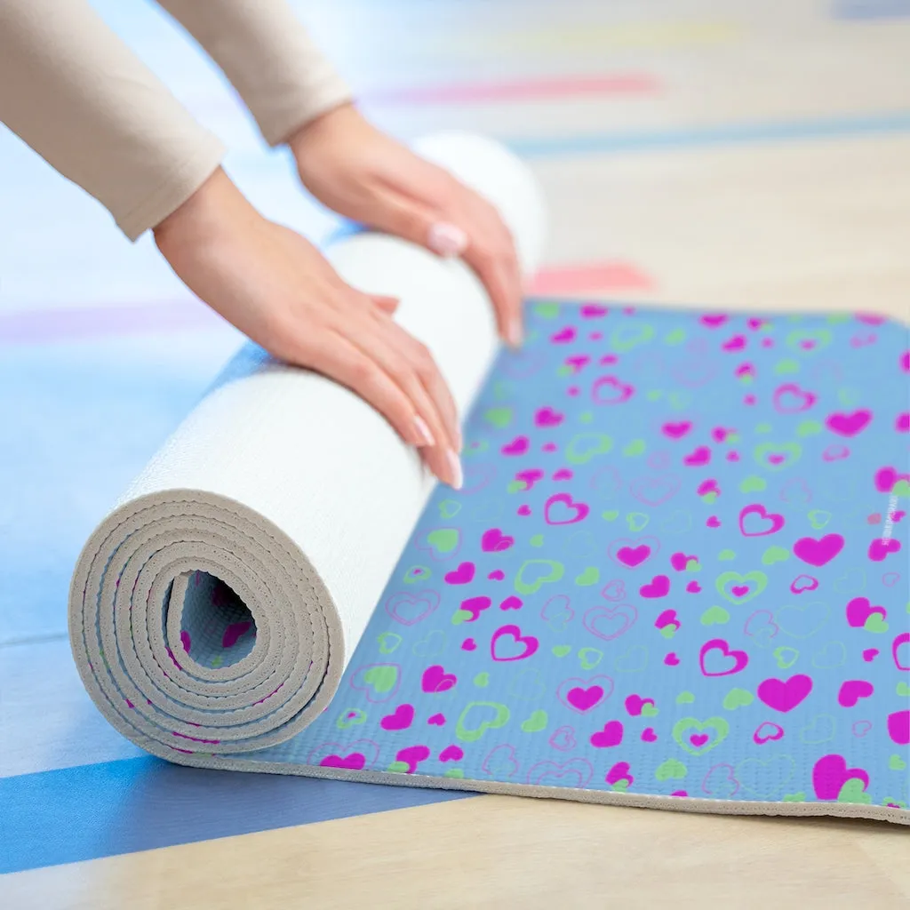 Blue Hearts Foam Yoga Mat, Pink and Pastel Blue Hearts Pattern Best Lightweight 0.25" thick Mat - Printed in USA (Size: 24″x72")