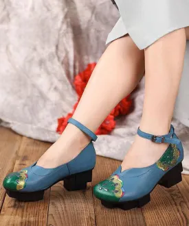 Blue High Heels Chunky Cowhide Leather Fine Splicing Buckle Strap LY7623