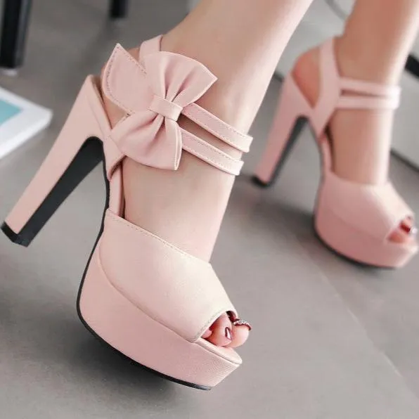 Bow décor peep toe chunky heels sandals party dress shoes