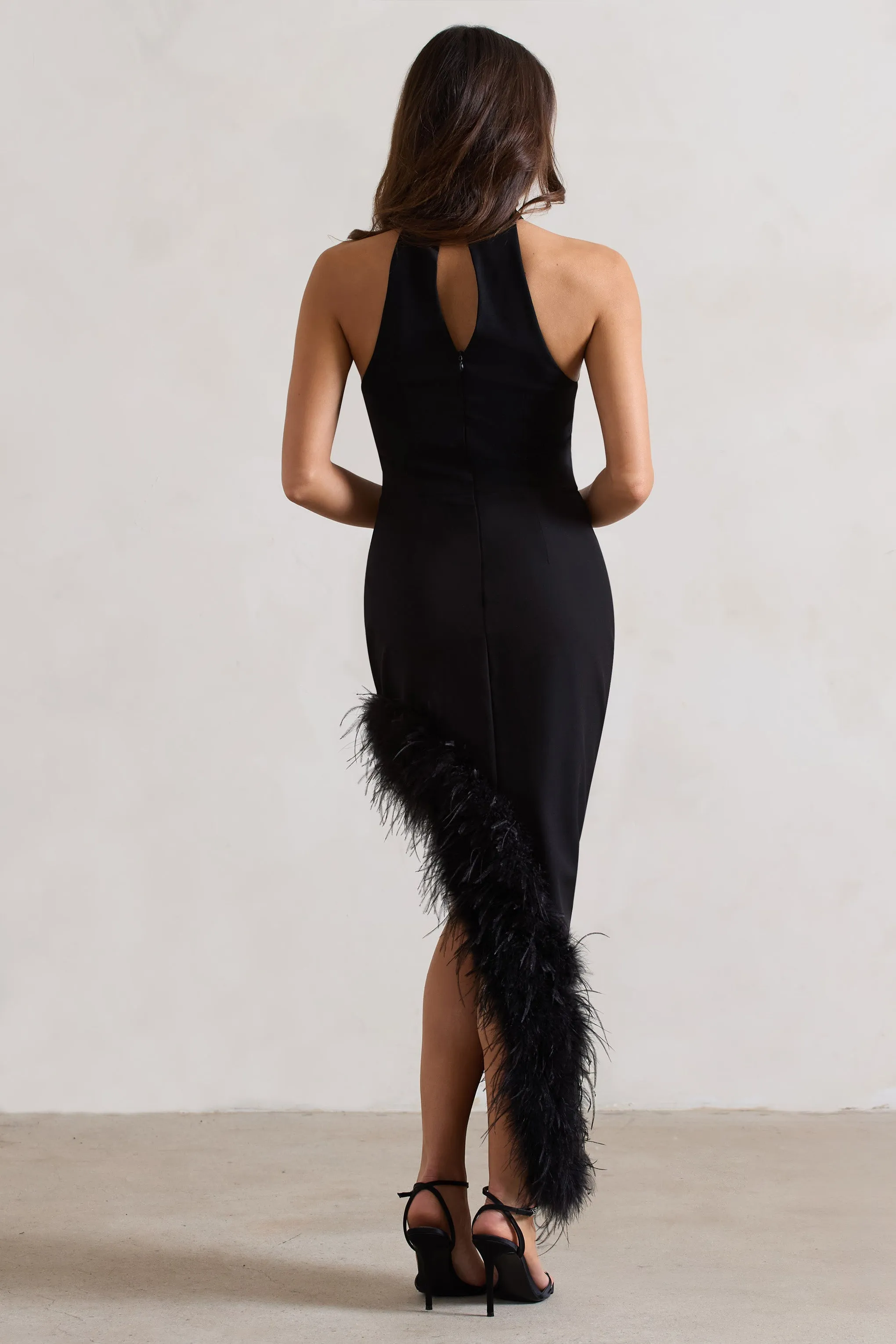 Brilliance | Black Asymmetric Maxi Dress With Feather Trim