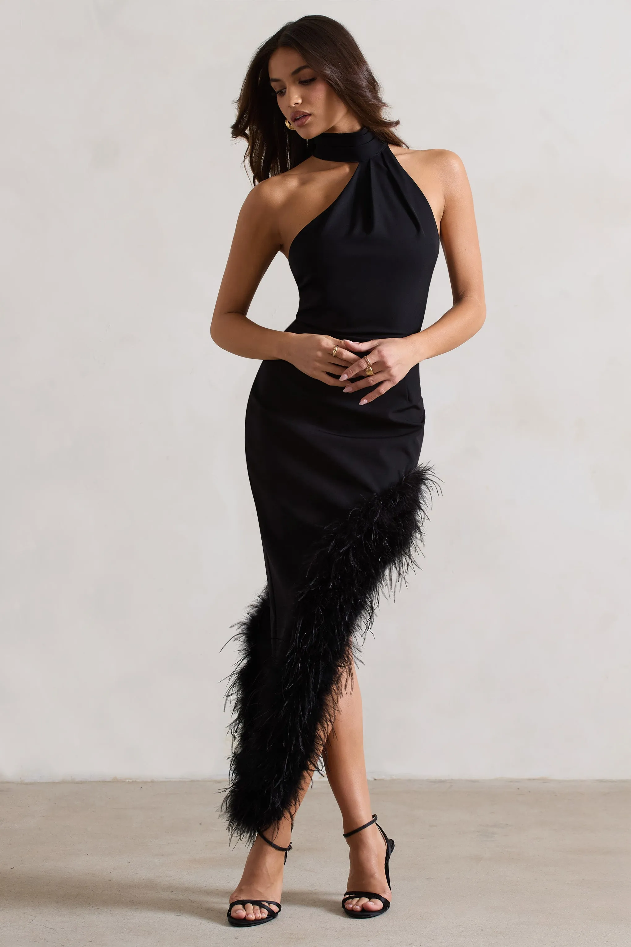 Brilliance | Black Asymmetric Maxi Dress With Feather Trim