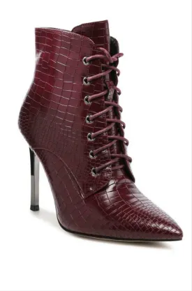 Burgundy stiletto heel lace-up bootie