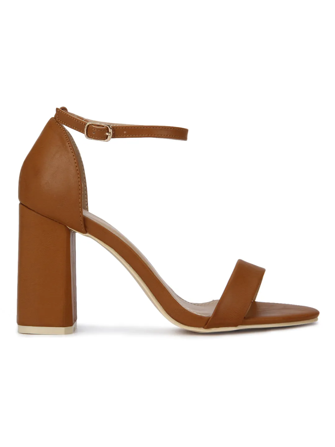 Camel PU with Ankle Strap Block Heels