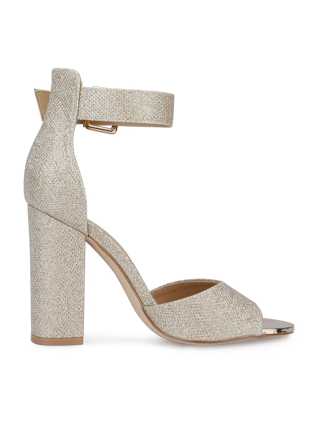 Champagne Shimmer Ankle Strap Block Heels