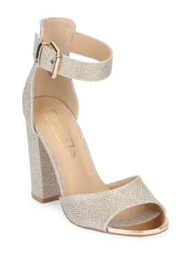 Champagne Shimmer Ankle Strap Block Heels