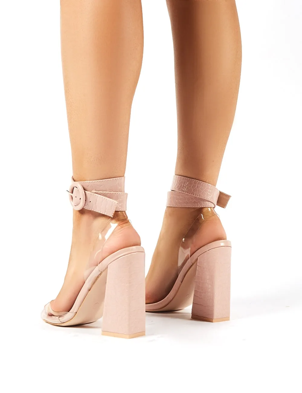 Commit Nude Snakeskin Flared Block Heels