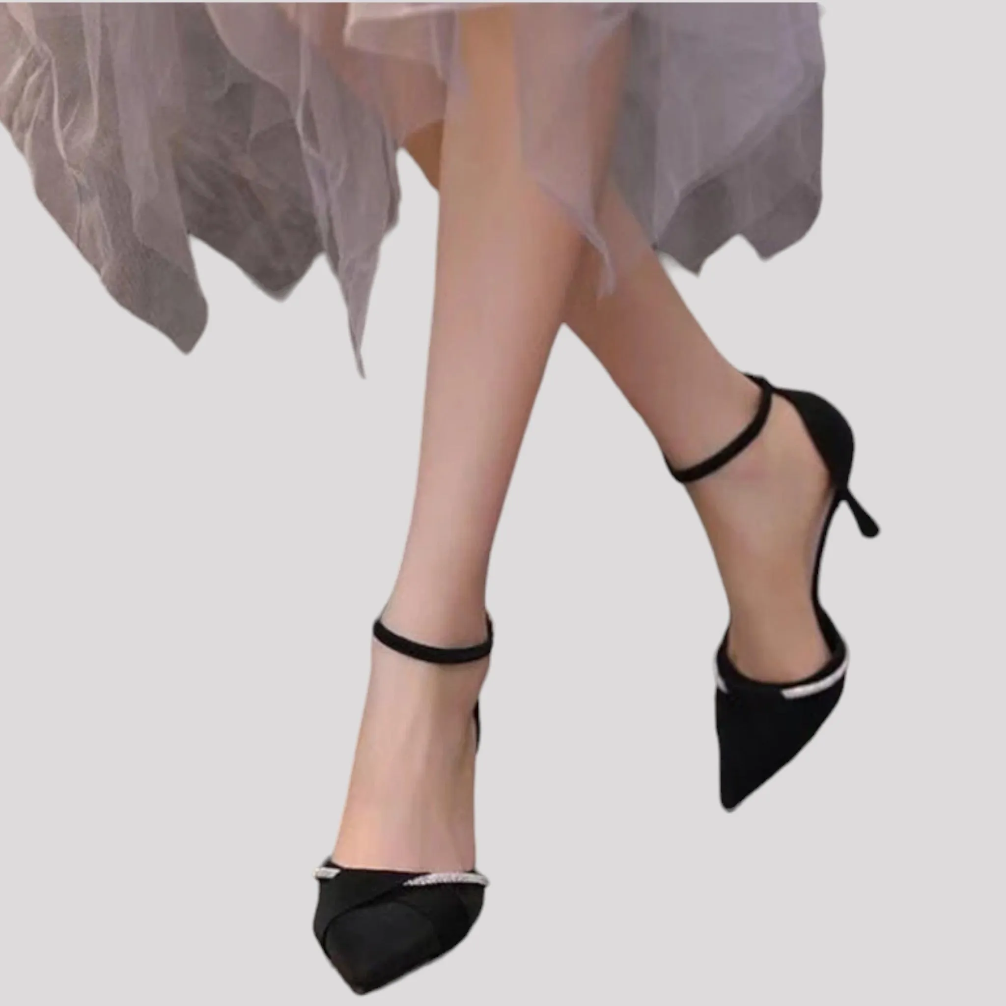 Crystal Detailed Pointed Toe Pump with Ankle Strap, Available in 2 Colours