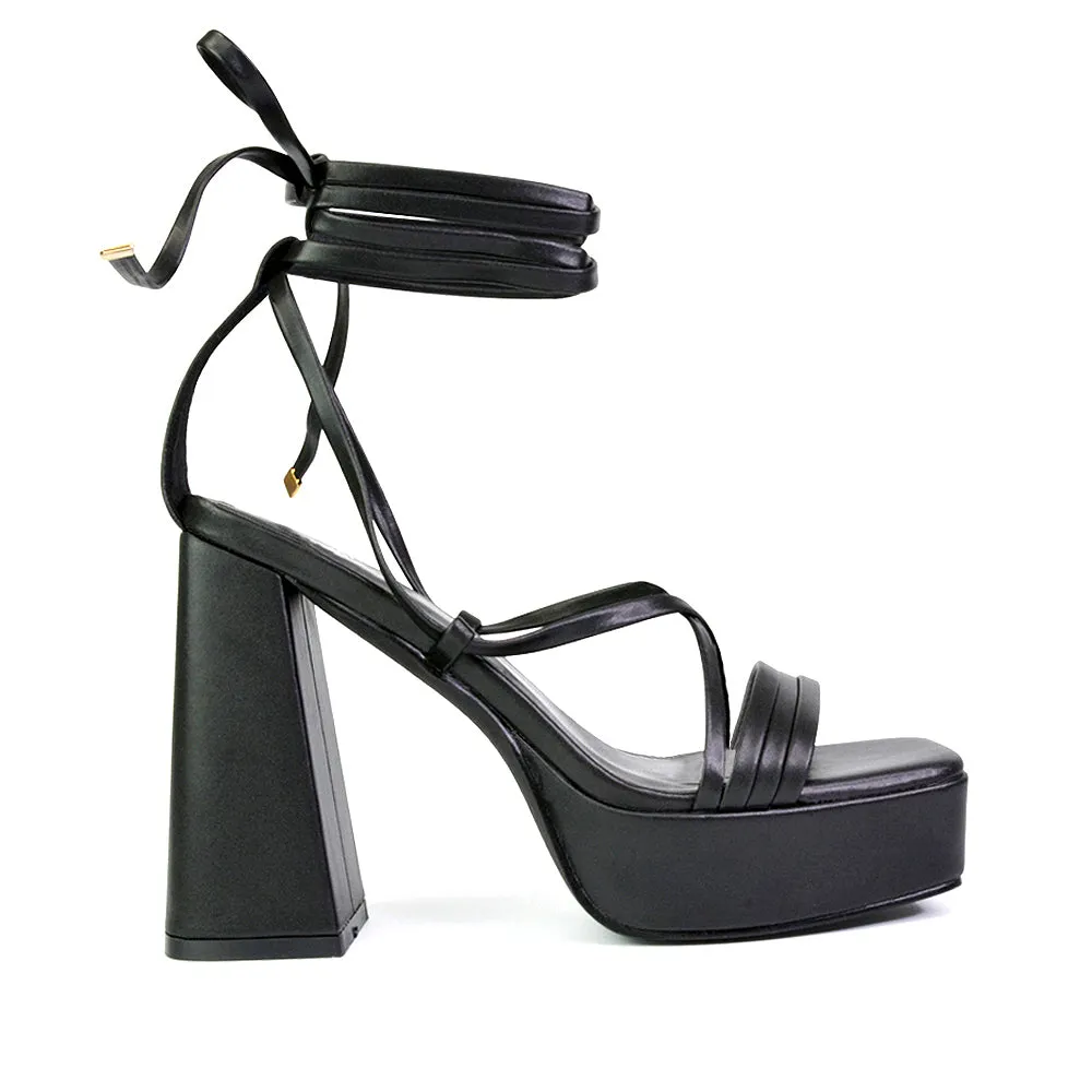 Eden Square Toe Lace Up Strappy Platform Flared Block High Heels in Black