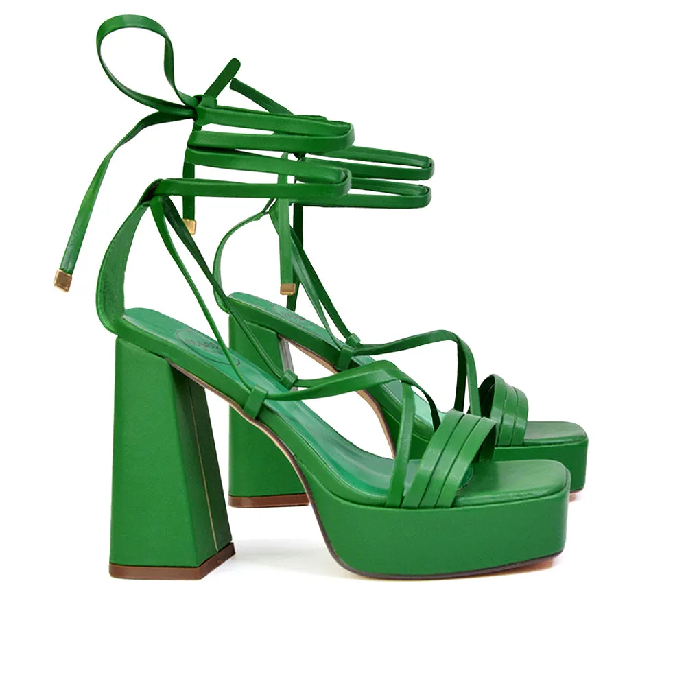 Eden Square Toe Lace Up Strappy Platform Flared Block High Heels in Green