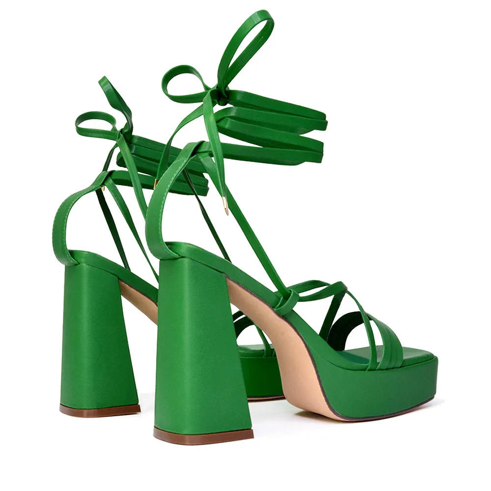 Eden Square Toe Lace Up Strappy Platform Flared Block High Heels in Green