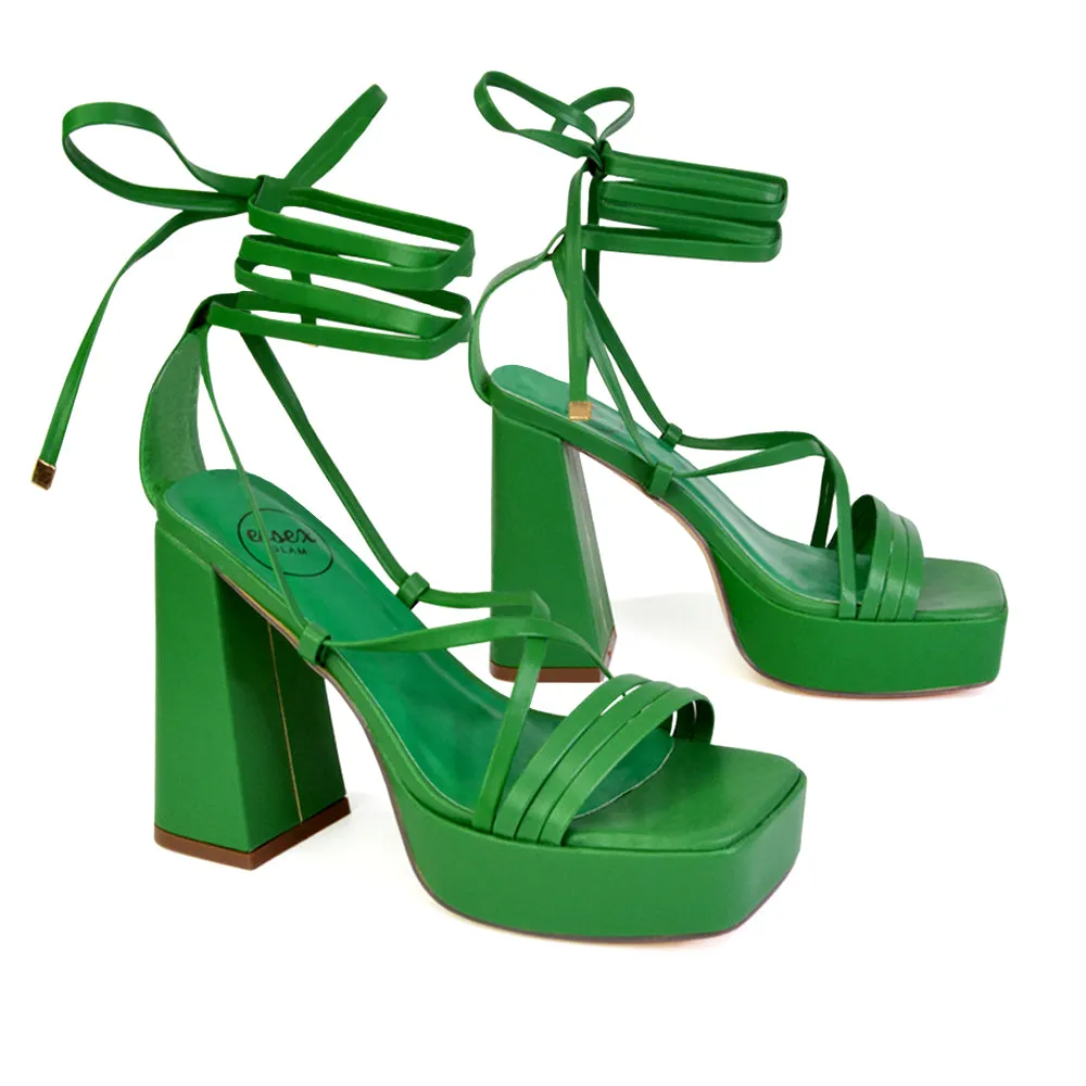 Eden Square Toe Lace Up Strappy Platform Flared Block High Heels in Green