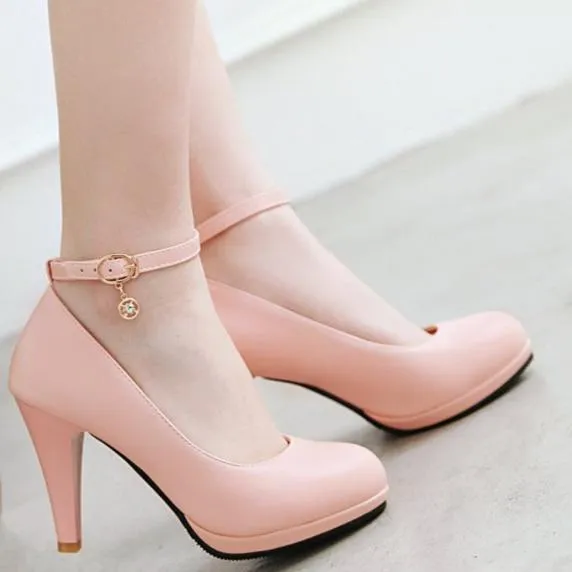 Elegant round toe high heels pumps with ankle strap