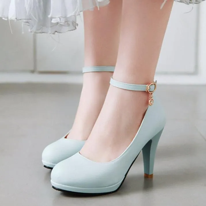 Elegant round toe high heels pumps with ankle strap