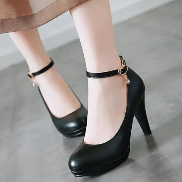 Elegant round toe high heels pumps with ankle strap