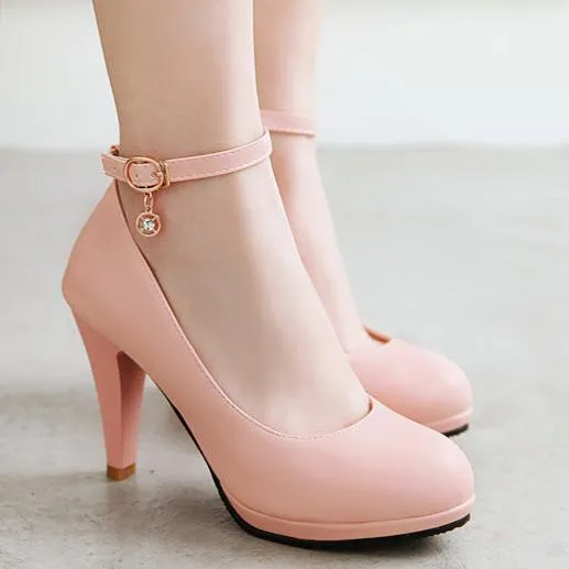 Elegant round toe high heels pumps with ankle strap