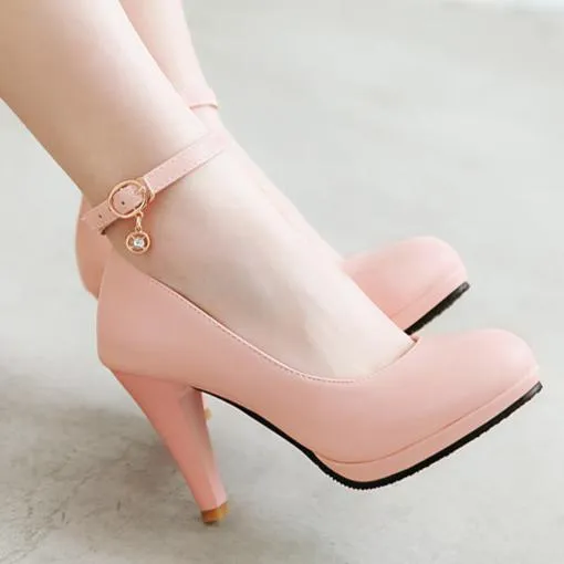 Elegant round toe high heels pumps with ankle strap