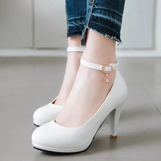 Elegant round toe high heels pumps with ankle strap