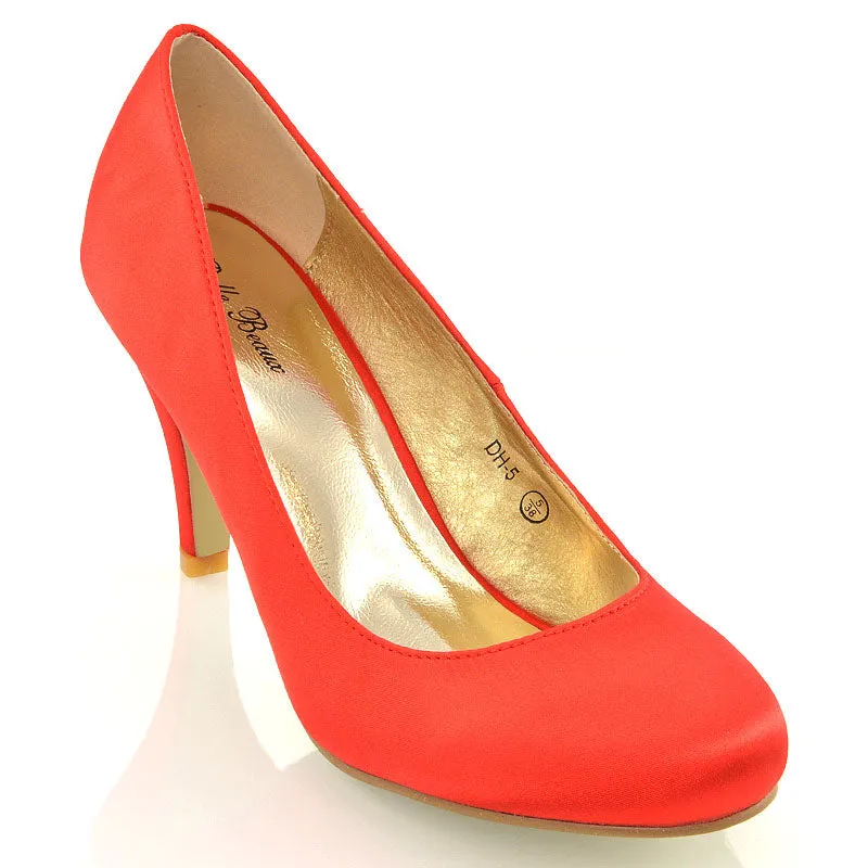 ELISABETH MID STILETTO HIGH WEDDING HEELS SLIP ON BRIDAL COURT SHOES IN RED SATIN