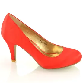 ELISABETH MID STILETTO HIGH WEDDING HEELS SLIP ON BRIDAL COURT SHOES IN RED SATIN